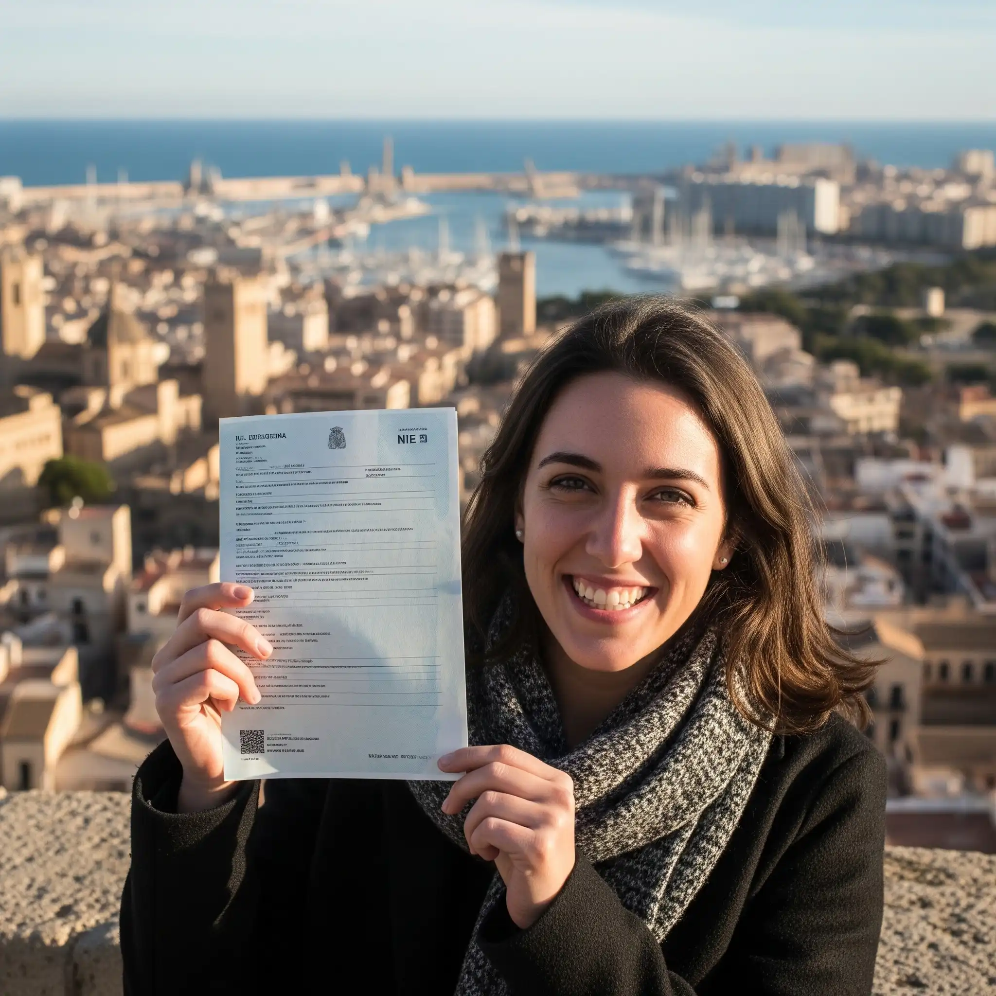 Persona sonriente mostrando un documento similar al NIE en la mano, con un fondo de la ciudad de Tarragona.