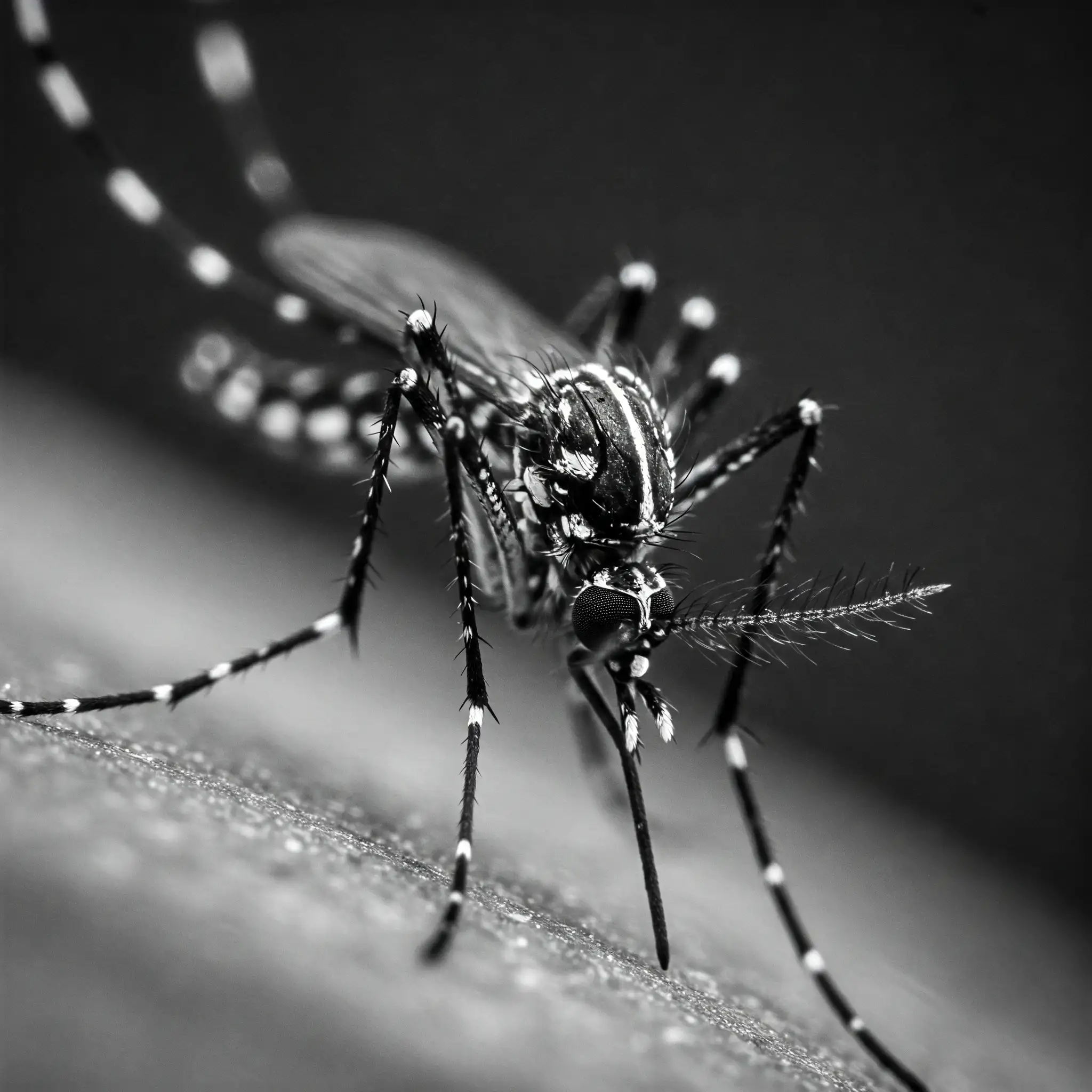  mosquito tigre sus rayas blancas y negras en el cuerpo y las patas