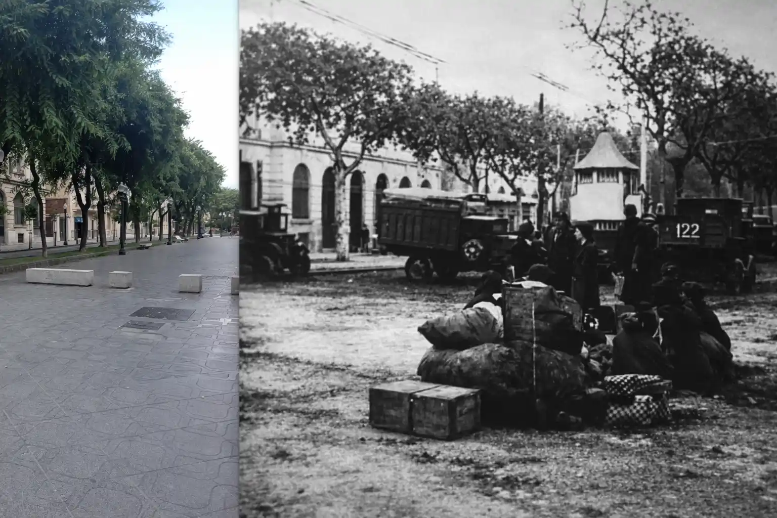 Rambla Nova: actual y fotografía de Robert Capa