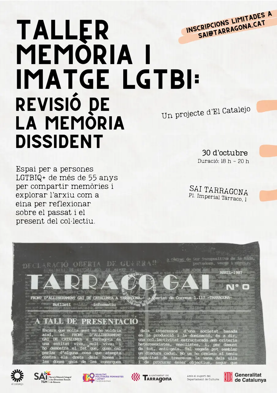 Cartel del taller Memoria e Imagen LGTBI+ en Tarragona